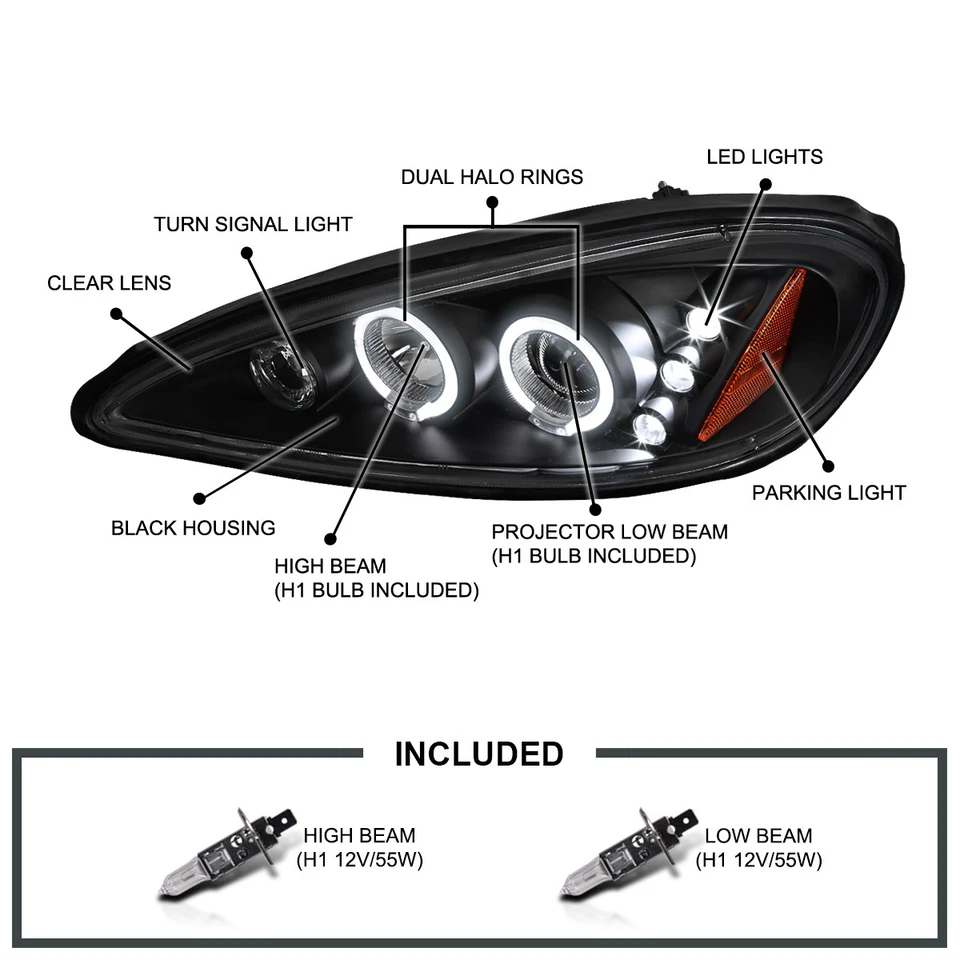 Black Fits 1999-2005 Pontiac Grand Am LED Halo Projector Headlights Left+Right Foto 3 de 4