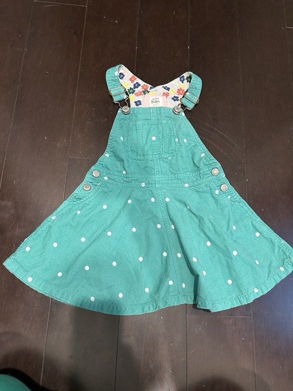EUC Mini Boden Girls Overall Skirt Jumper Dress Polka Dot Green 3-4 Y