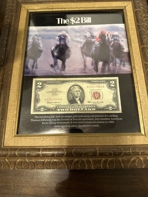 RARE! VTG Red Seal Two Dollar Bill Framed Kentucky Derby History piece.