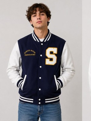 (C1) AWDIS Letterman Custom unisex varsity jacket, navy and white, size M