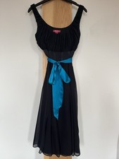 Monsoon Dress Sleeveless Silk Black With Teal Belt Size UK10 