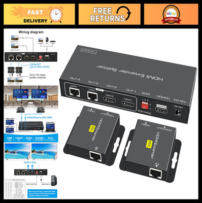 HDMI Extender Splitter 1x2 Over Cat5e/6 Ethernet Adapter, 165FT, HD1080P, Loop S