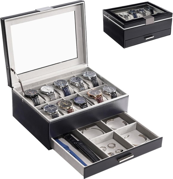 Uhrenbox Mit Glasdeckel 10 Slot Schwarz Uhrenkoffer Schmuckaufbewahrung-image