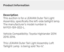 Tail Light For 2014-2016 Toyota Highlander Driver Side LH Outer Body NEW