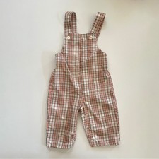 Vintage Handmade Kids Plaid Overalls Retro 60s Orange Brown Snap Crotch 12-18M