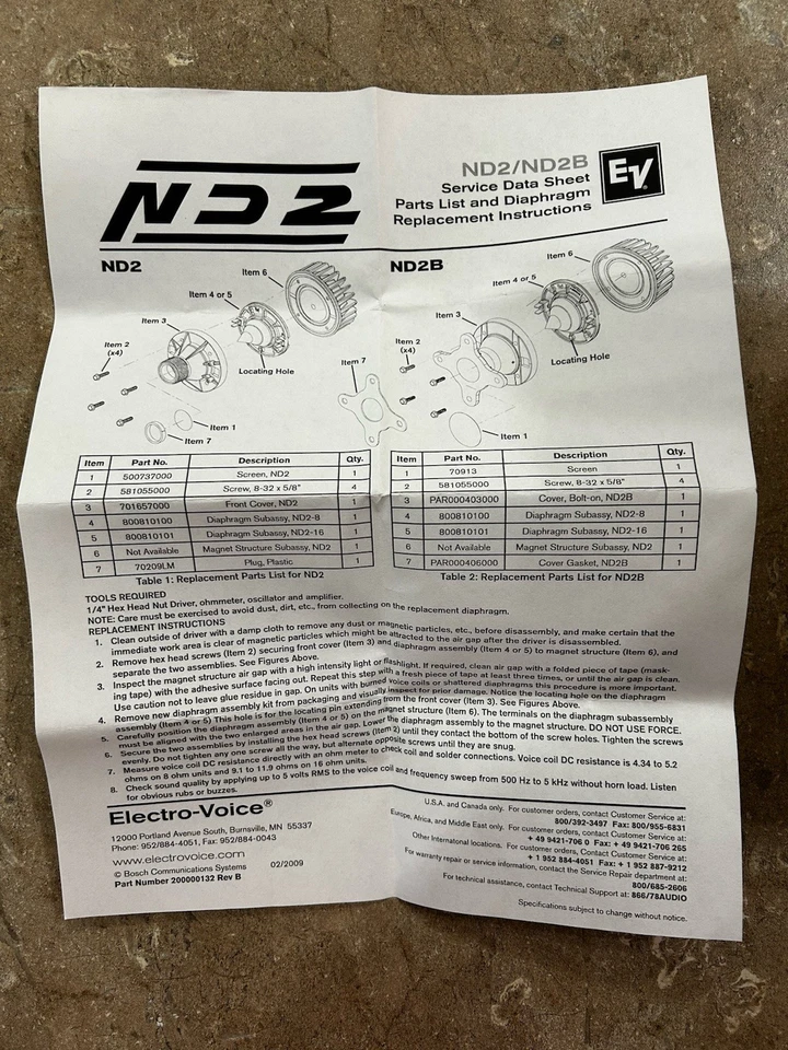 Repuesto de diafragma Electro-Voice EV 800810100 ND2-8 FABRICANTE DE EQUIPOS ORIGINALES NUEVO DE FÁBRICA Foto 3 de 3