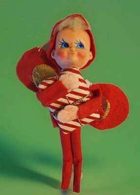 Very Rare Red Felt Winged Christmas Pixie Elf Holding Package 6'' GOOD COND.