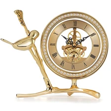 Anniversary Clock with Skeleton Dial & Gears, Golden Tabletop Clock for Livin...