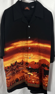7 Diamonds Men's L Short Sleeve Polyester Black Graphic Print Button-Up Shirt