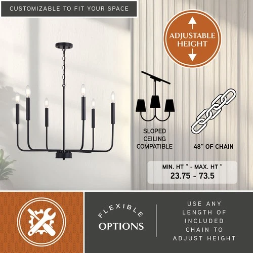 Vaxcel Lighting H0297 6 Light 26"W Taper Candle Style Chandelier - Black - Picture 8 of 11