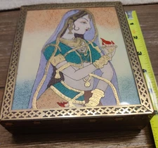 Vintage Indian Crushed Gemstone Hand Painted Woman Art Glass Wood Inlay Box