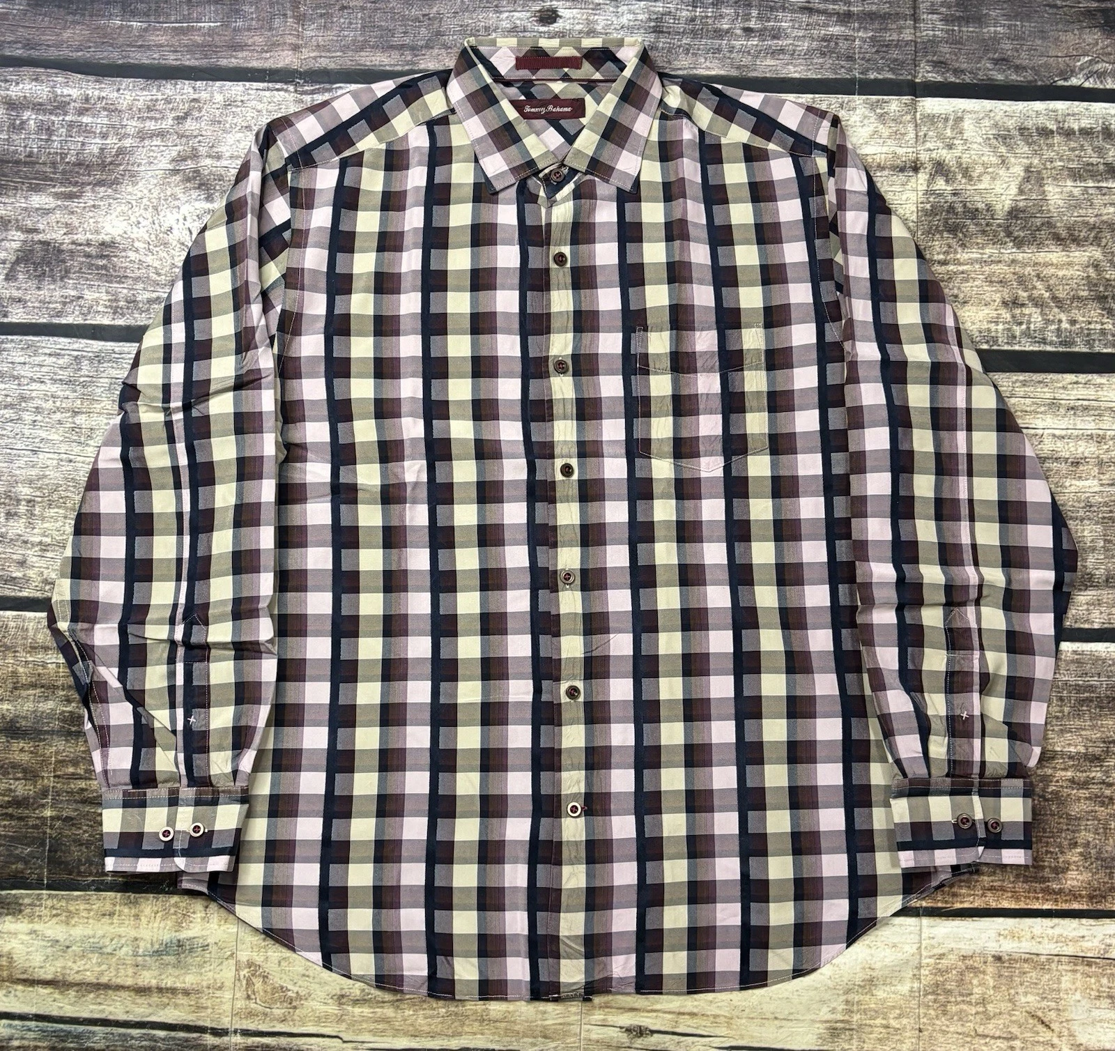 Tommy Bahama Shirt Mens Large Silk Check Purple Button Up Pockets