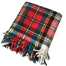Vintage Faribo Camp Stadium Lap Throw Blanket Red Teal Plaid Wool Blend EUC
