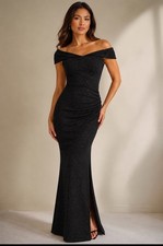 Windsor Black Shimmer Off Shoulder Ruching Bodycon Mermaid Gown M