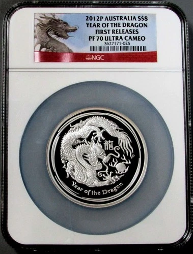 2012 P SILVER AUSTRALIA 5 OZ COIN NGC PROOF 70 UC FR $8 LUNAR YEAR OF DRAGON