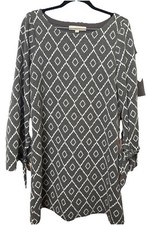 Loft Size Medium Tunic Mini Dress Gray White Knit Long Sleeved Tie Accents Shift