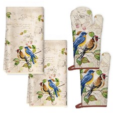 Vintage Bird Kitchen Towels and Oven Mitts Set 4Pcs, Soft Absorbent Dish Clot...