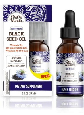 GuruNanda Cold Pressed Black Seed Oil with Vitamin D3 & K2 - Supports Immune