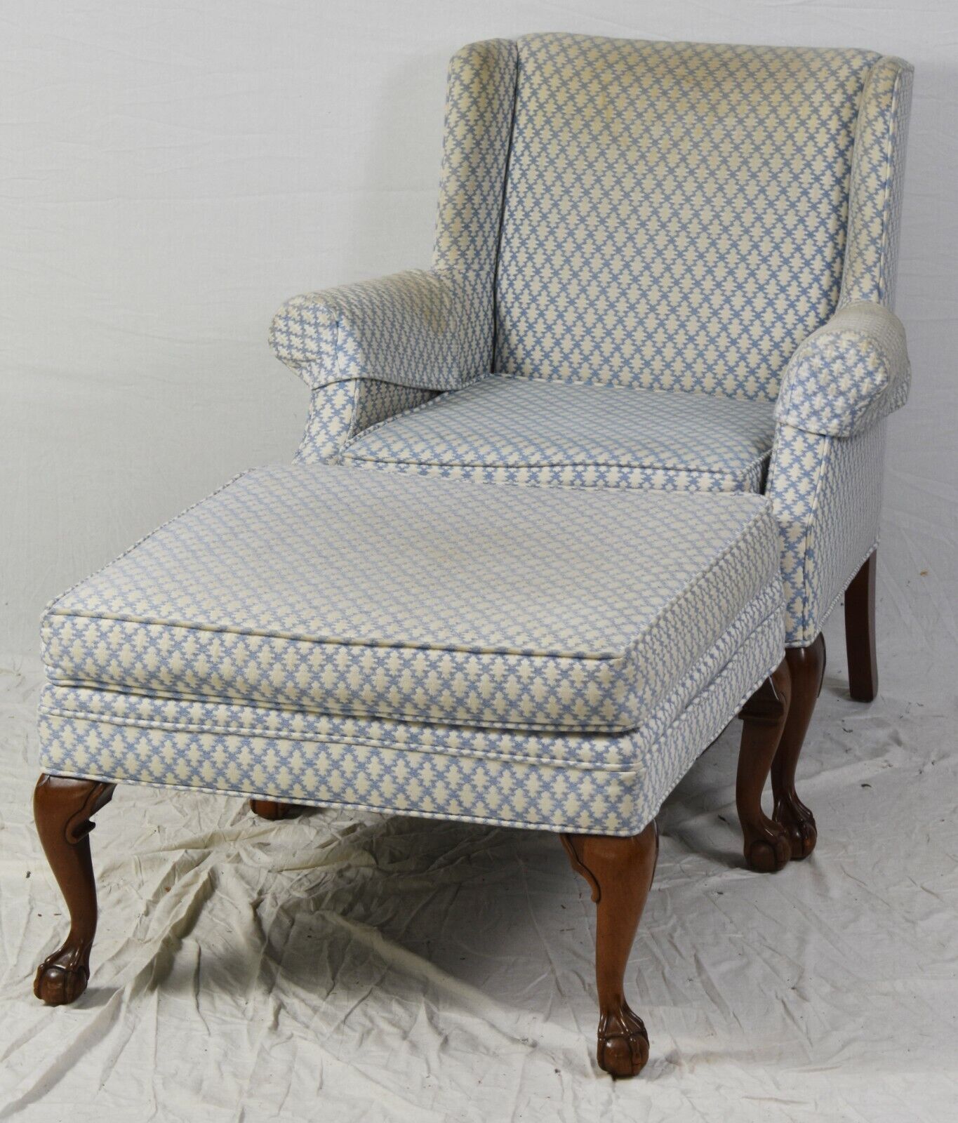 Mahogany Chippendale Style Wing Chair with Footstool Ottoman w Claw & Ball Feet