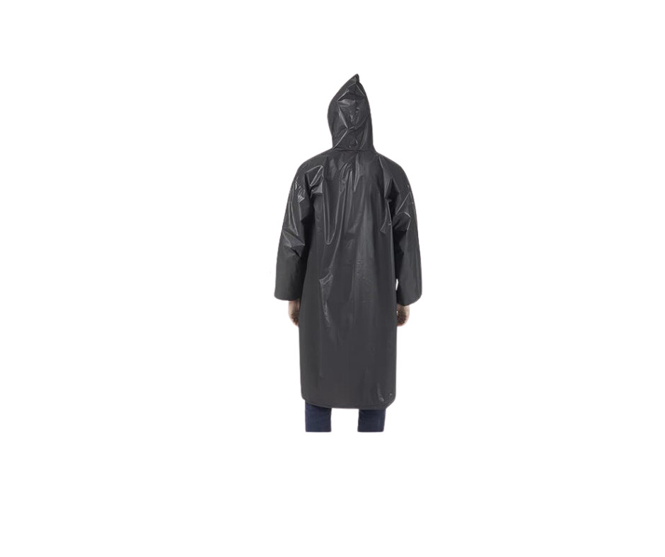Black Eva Raincoat-  Long Drawstring Hood-  Front Buttons- 2