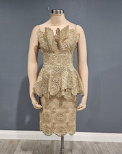 Gold Shimmery Crochet Lace Peplum Strapless Evening Cocktail Dress XS/S