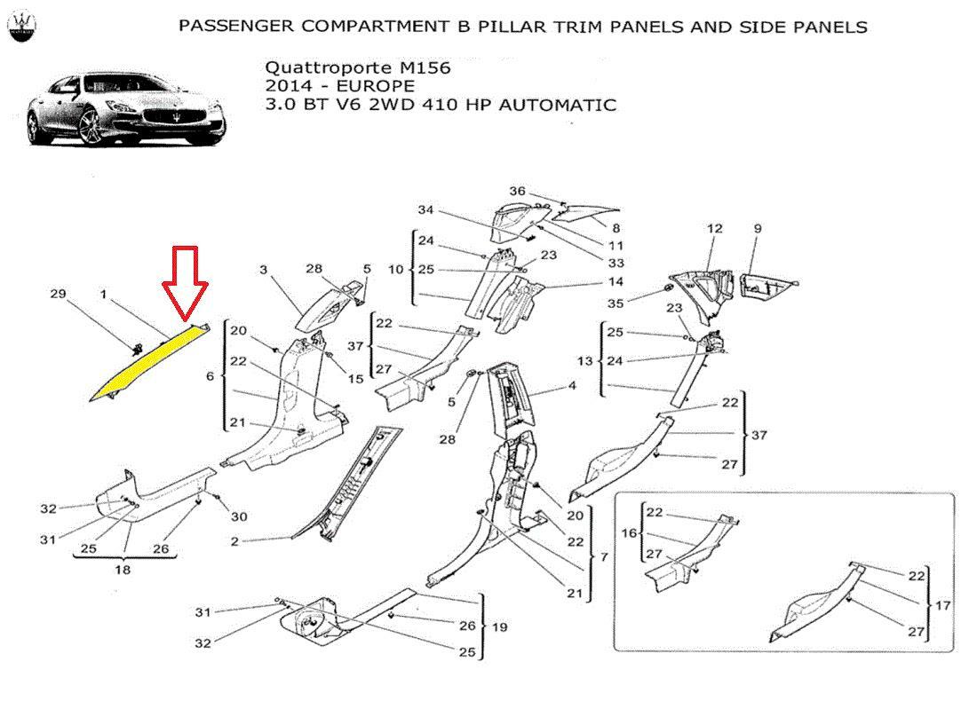 2014 Maserati Quattroporte Right Upper Central Post Covering 670011407 OEM