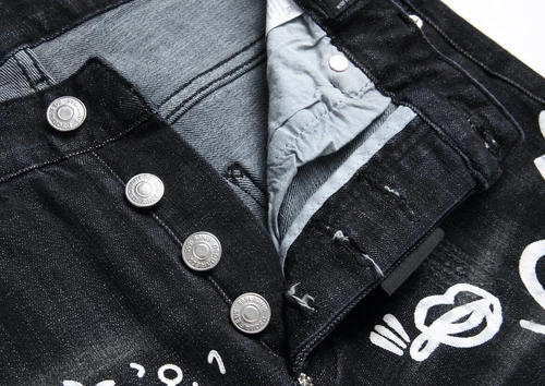 Men's Black Denim White Letter Printed Button Ripped Casual Pants Jeans Trousers - Picture 6 of 13