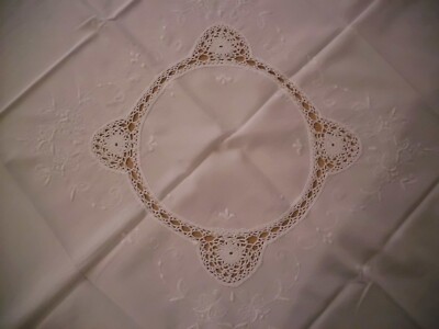Elegant Antique Centerpiece Tablecloth Approx 80x80 With Crochet Lace Insert Vintage