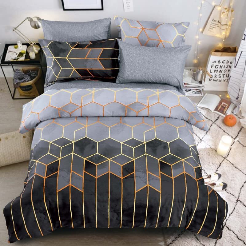 Duvet Cover Set Geometric Luxury Comforter Cover Honeycomb Diamond Queen Gray-image