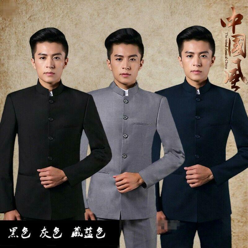 Mens Chinese Banded Collar Single Breasted Jacket Traditional Mandarin Suit  Coat