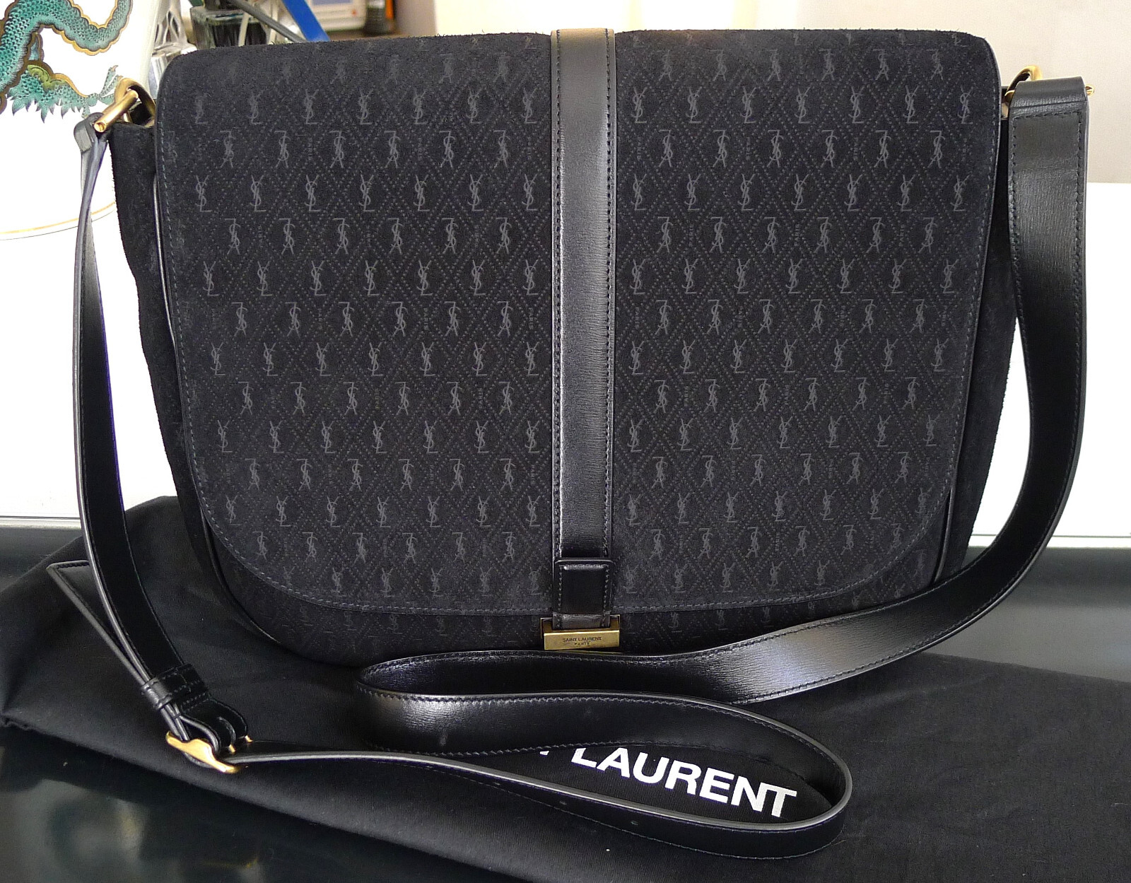 YSL Saint Laurent King Palm monogramma pelle scamosciata velluto nera borsa cross body