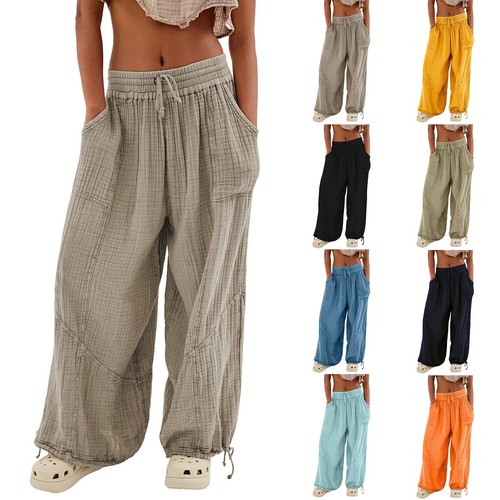 Women Cargo Pants Baggy Wide Leg Loose High Waist Pockets Sweatpants Trousers - Afbeelding 1 van 48