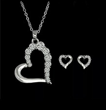 NEW WOMEN'S SILVER-TONE RHINESTONE CRYSTAL HEART NECKLACE AND EARRING SET