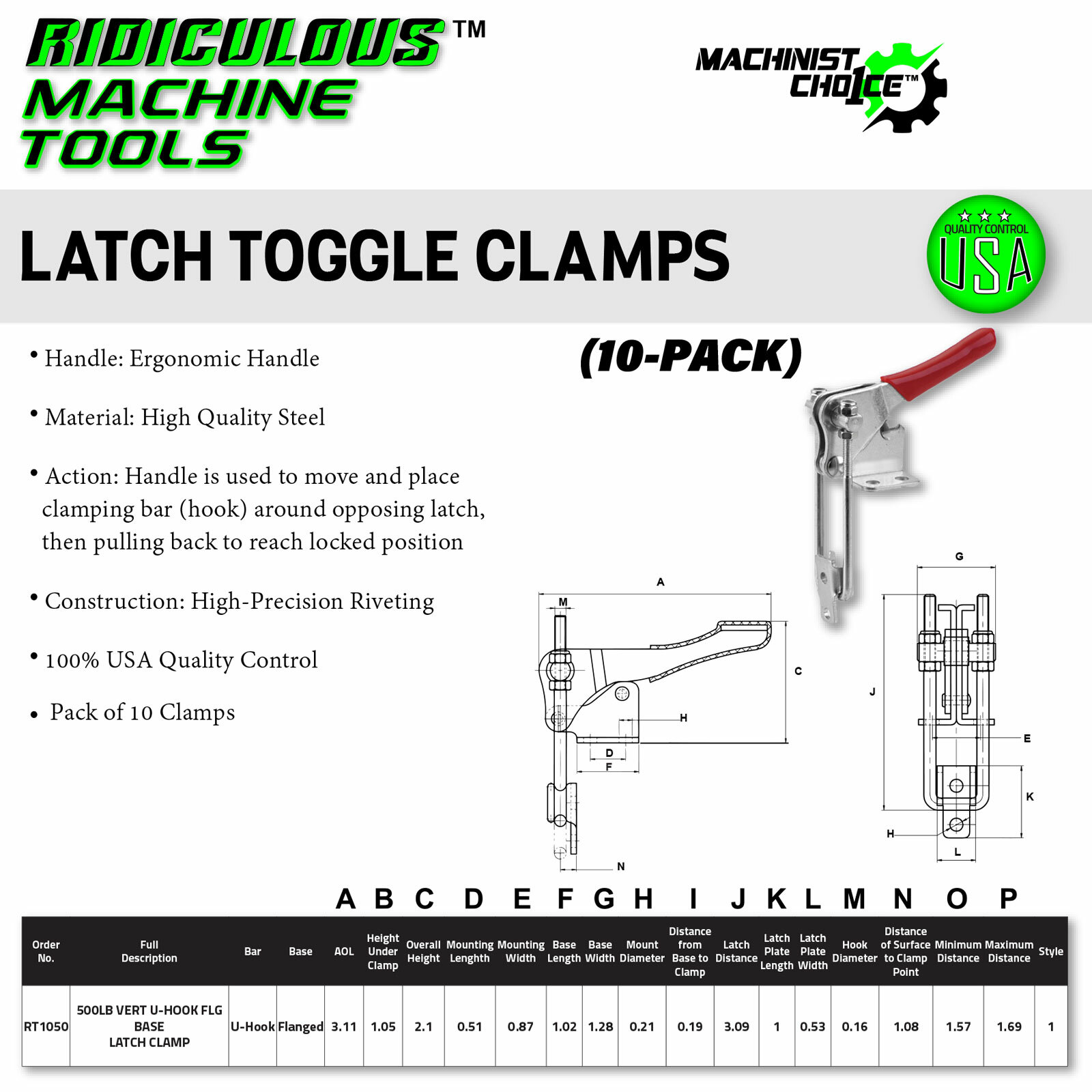 500LB Heavy-Duty Carbon Steel U-Hook Flange Base Latch Clamp 10 Pack