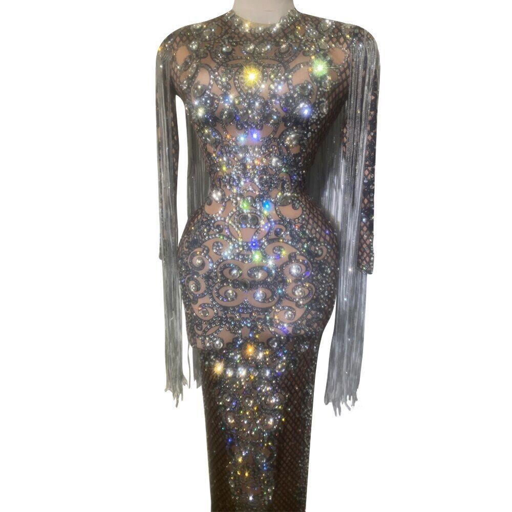 2022 Vestido Colorido Estrás Damas Lujoso Retráctil Fiesta Flecos Vestido