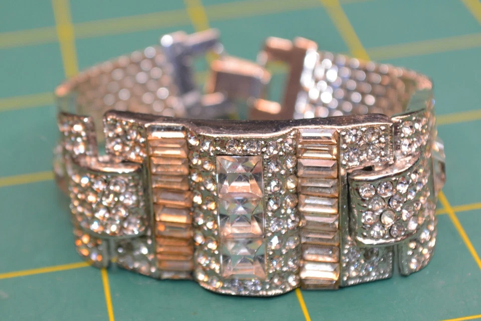Vintage 1950s Color Argento Diamonique Trasparente Strass 15.9cm Stile Bracciale - Immagine 2 di 4
