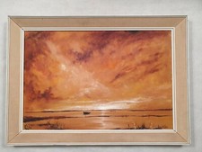 Vintage RAYMOND KLEE Oil on Board PAINTING Irish Artist Sunset Sea Scape 1960s