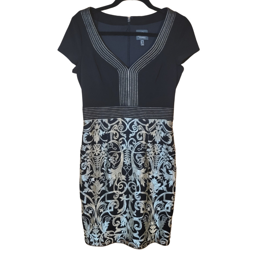 Adrianna Papell Women's Black Silver Motif V Neck Fit Flare Dress