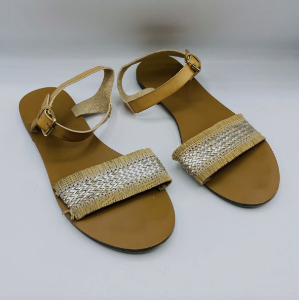 J Crew Tan Silver Rafia Ankle Strap Sandals Style J2604 - Main Image