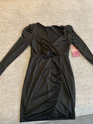 black mini dress long sleeve v neck Mishal Long Sleeve Plunge Mini Dress in Lace Black