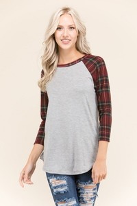 plaid sleeve baseball tee