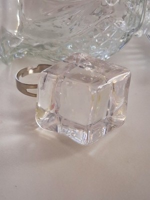 Huge Ice Cube Statement Ring Clear Resin Adjustable Size Handmade 