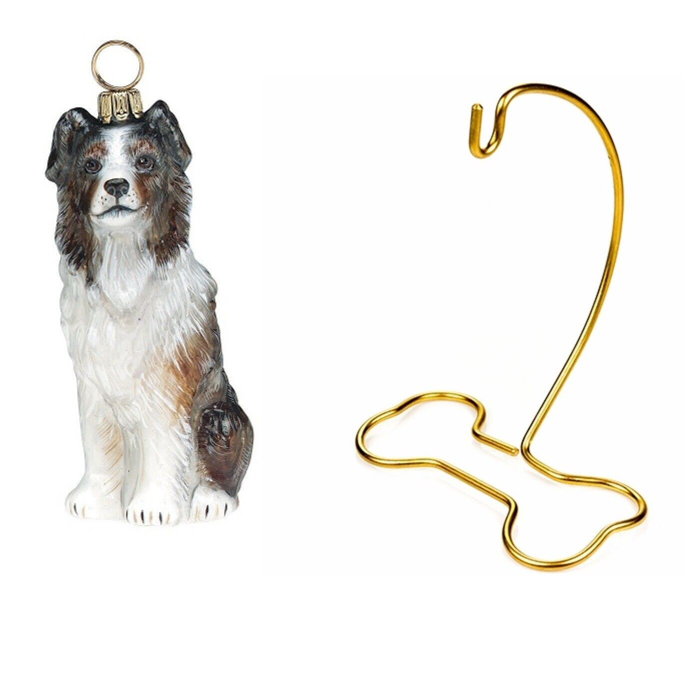 Australian Shepherd Dog Polish Glass Ornament and Dog Bone Brass Stand Set