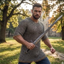 Medieval 9mm Flat Ring Chainmail Shirt   Riveted Mild Steel with Brass Trim