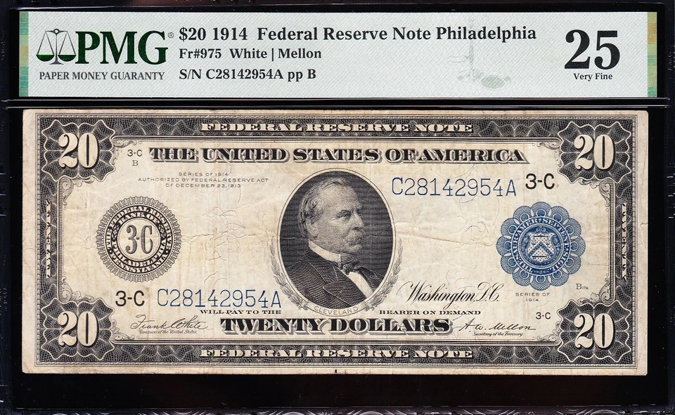 VERY NICE Bold & Crisp VF+ 1914 $20 PHILADELPHIA Fed. Reserve Note! PMG 25! 2954 - Image 2 of 3