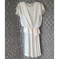 Vtg Midi Dress Ivory Jacquard Pleated Sz 8 Bridal Modest Feminine Coquette EUC