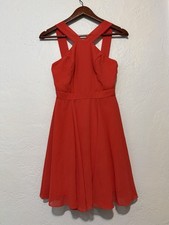 Lulus Red Coral Halter Skater Dress XS Cross Neck Fit & Flare Party Guest Mini