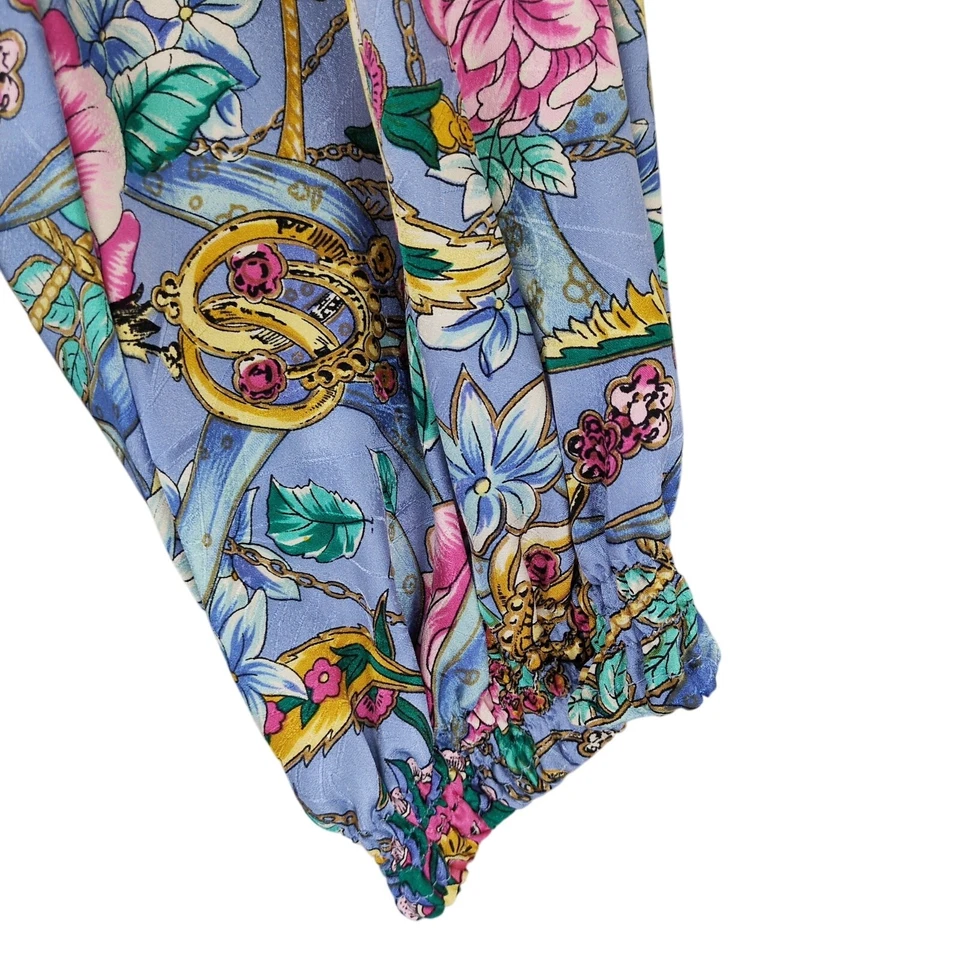 Vestido De Colección Años 80 Diane Freis 100% Seda Estampado Floral Cuello Volantes Manga Abullonada M Foto 3 de 4