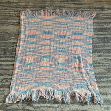 Handmade Knit Baby Blanket Basketweave Pastel Pink Blue White Fringe Nursery