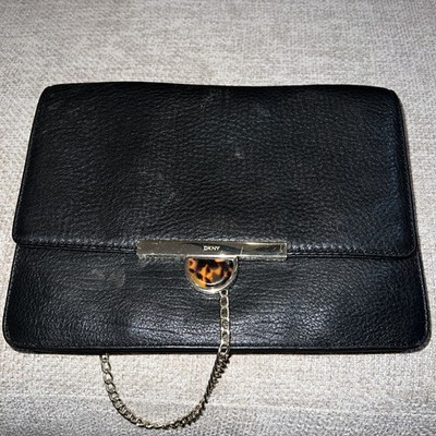 DKNY Black Pebbled Leather Chain Crossbody Clutch Wallet Bag Gold Tortoise Clasp